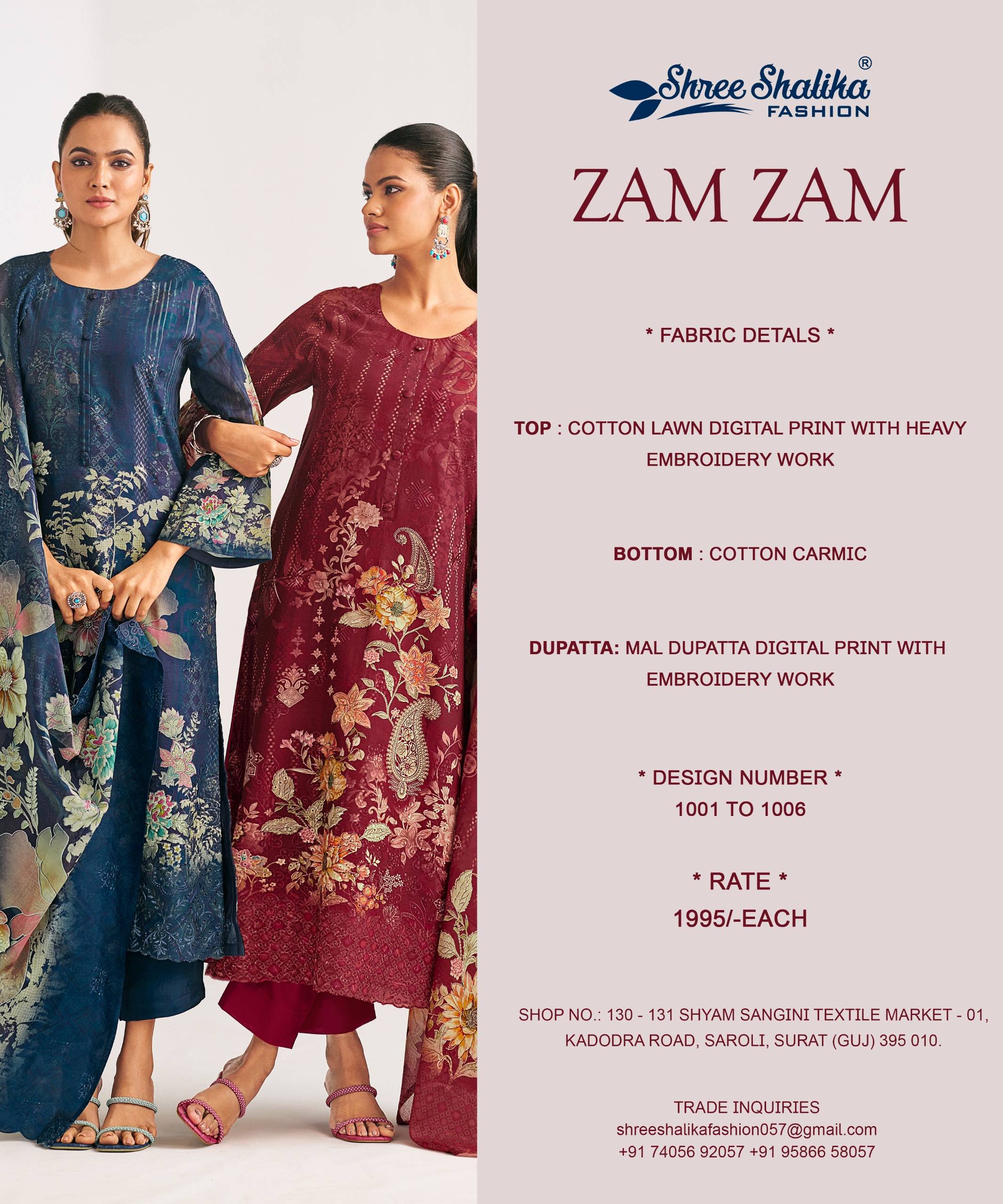 Zam zam by shree shalika 1001 To 1008 Designer Festive Suits Collection Beautiful Stylish Fancy Colorful Party Wear & Occasional Wear EMBROIDERED cotton lawn Dresses At Wholesale Price